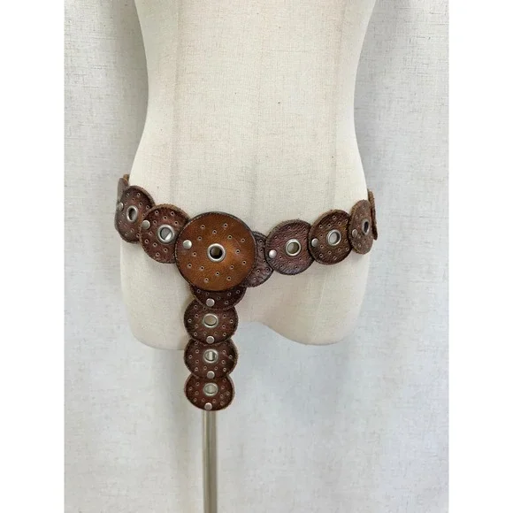Western boho leather Disc Concho Belt Brown silver grommets SML/MED adjustable - Picture 12 of 16